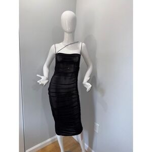 Micas‎ Slinky Black Sheer Ruched Bodycon Midi Dress Party Cocktail size S